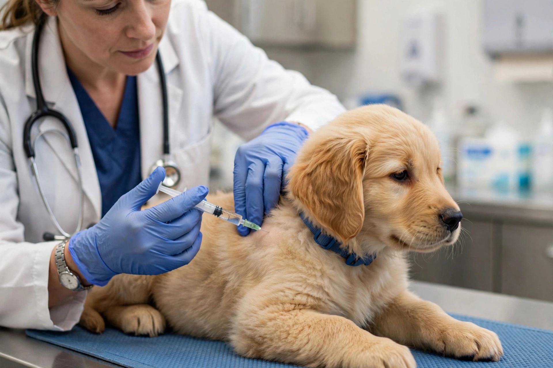 Veterinarian providing supportive treatment to a dog